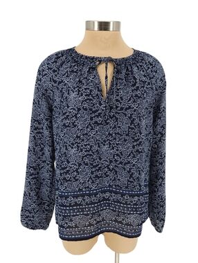GAP Shirt Navy Blue Floral Long Sleeve Keyhole Neck Popover Peasant Top Small